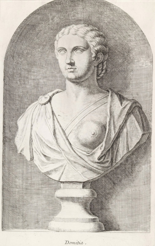 Bust of Domitia, Domitia, print, album page, Series number, 28, 98, Classical bust of a woman with an exposed breast., with a series of prints after the sculptures in the collection of Gerard Reynst., number: '53', printmaker: Hubert Quellinus, Antwerp, printmaker: Gerard de Lairesse, 1646 - 1670, paper, engraving, gravure, height 325 mm x width 195 mm, piece of sculpture, reproduction of a piece of sculpture, A detailed monochrome engraving of a classical bust set within an arched niche, showing a female figure from the chest up with wavy hair pulled back, a serene face with blank eyes, and draped clothing fastened at one shoulder, the exposed chest and folds of fabric rendered with fine crosshatching, the bust resting on a rounded pedestal with shaded background lines filling the niche.