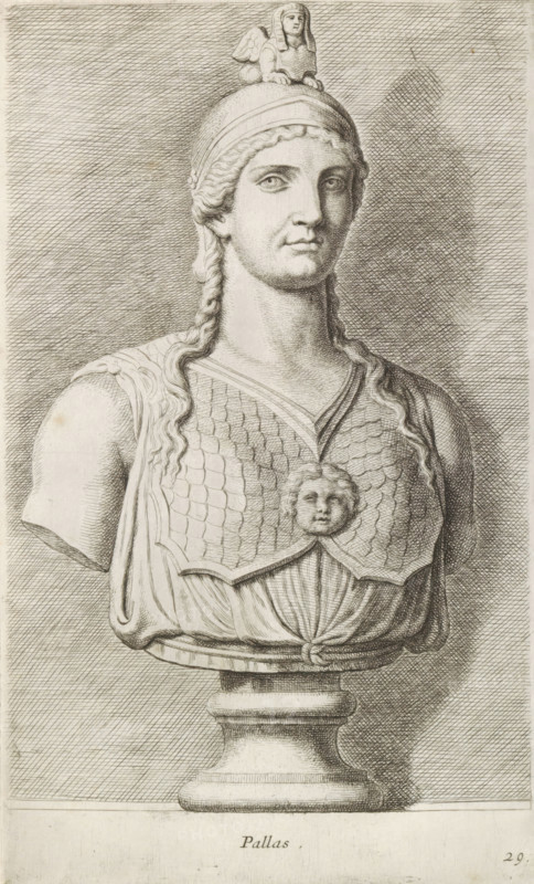 Pallas, Bust of Minerva, print, album page, Series number, 29, 98, Classical bust of Minerva with a sphinx on her helmet., with a series of prints after the sculptures in the collection of Gerard Reynst., inscription: 'Vide lib. No. 4de fol. 2 ...', number: '54', printmaker: Hubert Quellinus, Antwerp, printmaker: Gerard de Lairesse, 1646 - 1670, paper, engraving, gravure, height 325 mm x width 196 mm, piece of sculpture, reproduction of a piece of sculpture, (story of) Minerva (Pallas, Athena), A detailed engraved bust of a woman wearing a helmet topped with a small sphinx-like figure, with long wavy hair falling in braids over her shoulders, a calm facial expression, and a textured breastplate featuring a central round face ornament; the bust rests on a fluted pedestal and is set against a finely crosshatched background.
