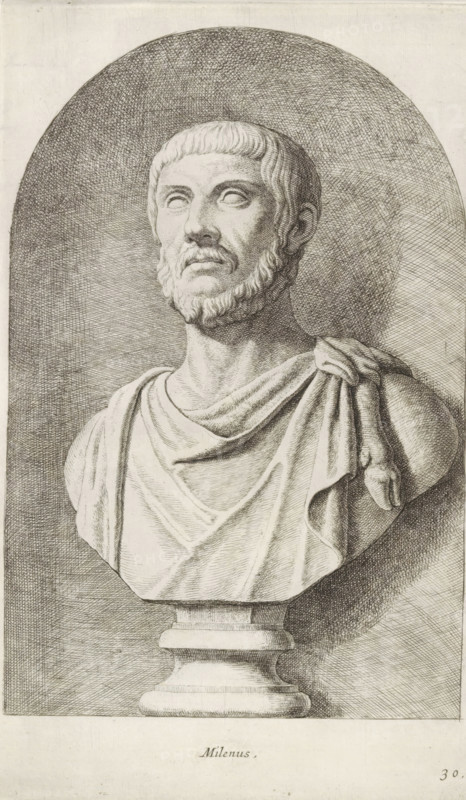 Bust of Milenus, Milenus, print, album page, Series number, 30, 98, Classical bust of a bearded man in a toga., with a series of prints after the sculptures in the collection of Gerard Reynst., number: '54', printmaker: Hubert Quellinus, Antwerp, printmaker: Gerard de Lairesse, 1646 - 1670, paper, engraving, height 325 mm x width 195 mm, piece of sculpture, reproduction of a piece of sculpture, male persons from classical history, A detailed black and white engraving of a classical bust set against a shaded oval niche, showing a bearded male figure with short hair and a solemn expression, eyes carved as blank hollows, a mustache and closely cropped beard, and draped clothing over one shoulder with folds and a knotted section; the bust rests on a stepped pedestal base and the background features cross-hatched shading.