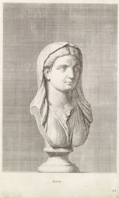 Bust of Livia, Livia, print, album page, Series number, 31, 98, Classical bust of a woman, turned to the right. She wears a veil., with a series of prints after the sculptures in the collection of Gerard Reynst., number: '55', printmaker: Hubert Quellinus, Antwerp, printmaker: Gerard de Lairesse, 1646 - 1670, paper, engraving, gravure, height 325 mm x width 201 mm, piece of sculpture, reproduction of a piece of sculpture, female persons from classical history, A monochrome engraved image of a classical bust on a rounded pedestal showing a draped female figure wearing a veil over her head and shoulders, with detailed carved hair visible at the forehead and temples, a composed facial expression with softly modeled cheeks and a slightly turned gaze, finely incised folds of drapery over the chest and shoulders, and a densely crosshatched rectangular background behind the figure.