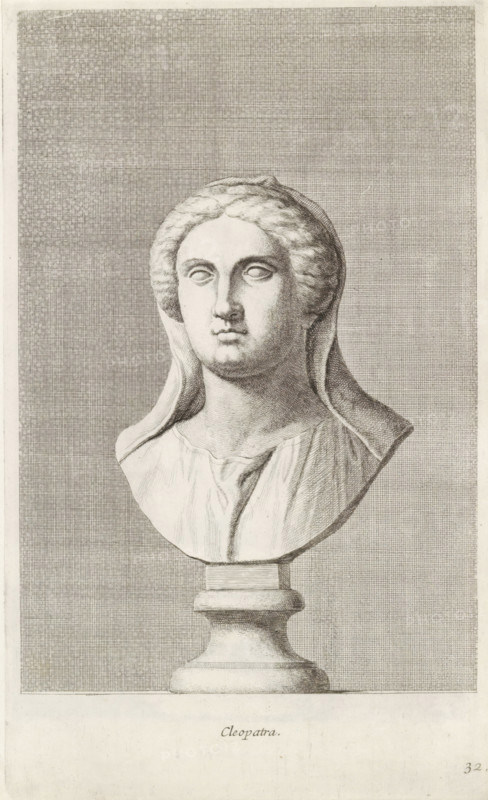Bust of Cleopatra, Cleopatra, print, album page, Series number, 32, 98, Classical bust of a woman, turned to the left. She wears a veil., with a series of prints after the sculptures in the collection of Gerard Reynst., inscription: 'Vide lib. N.4 fol. 21', number: '55', printmaker: Hubert Quellinus, Antwerp, printmaker: Gerard de Lairesse, 1646 - 1670, paper, engraving, gravure, height 325 mm x width 198 mm, Person, Cleopatra VII (Queen of Egypt), piece of sculpture, reproduction of a piece of sculpture, female persons from classical history, A detailed monochrome engraving of a sculpted female bust displayed on a pedestal, showing a head with wavy hair partially covered by a draped veil, almond-shaped eyes with blank gaze, a straight nose, and full lips, the neck and upper torso clothed in softly folded drapery, all rendered with fine crosshatching and tonal shading against a densely hatched rectangular background that fills most of the page.