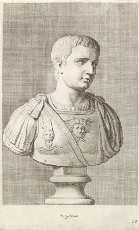 Bust of Emperor Trajan, Trajan, print, album page, Series number, 33, 98, Classical bust of a young man with breastplate. On the cuirass is a lion's head and the head of Medusa., with a series of prints after the sculptures in the collection of Gerard Reynst., inscription: 'Vide lib. No. 19 fol. 14', number: '56', printmaker: Hubert Quellinus, Antwerp, printmaker: Gerard de Lairesse, 1646 - 1670, Hubert Quellinus, Gerard de Lairesse, printmaker, paper, engraving, gravure, height 327 mm x width 200 mm, Person, Trajan (Emperor of the Roman Empire), piece of sculpture, reproduction of a piece of sculpture, A monochrome engraved bust of a man shown from the chest up on a pedestal, facing slightly to the viewer’s right, with short wavy hair and a composed facial expression; he wears a decorated military cuirass with a sculpted face motif on the chest and draped fabric over one shoulder, shoulder straps with gathered detailing, and a round base beneath the bust, all set against a finely cros...