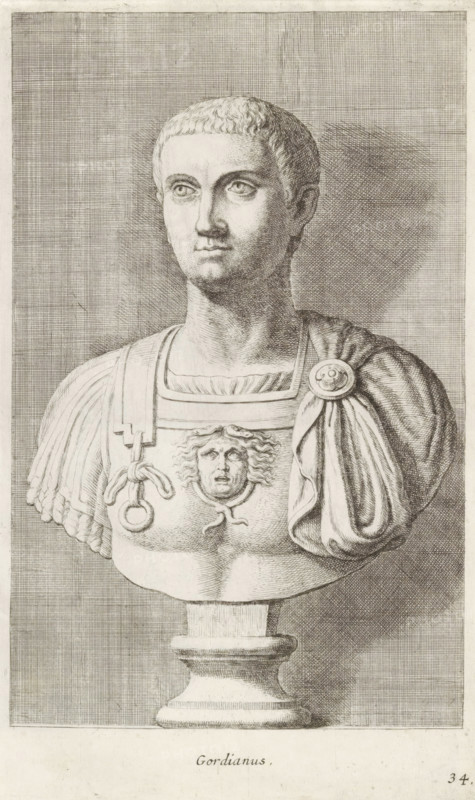 Bust of Emperor Gordianus III, Gordianus, print, album page, Series number, 34, 98, Classical bust of a man. He wears a breastplate with the head of Medusa., with a series of prints after the sculptures in the collection of Gerard Reynst., number: '56', printmaker: Hubert Quellinus, Antwerp, printmaker: Gerard de Lairesse, 1646 - 1670, paper, engraving, height 325 mm x width 194 mm, Person, Gordianus III (Emperor of the Roman Empire), piece of sculpture, reproduction of a piece of sculpture, A monochrome engraved bust of a young man on a pedestal, shown from the chest upward, with short cropped hair and a calm facial expression looking slightly to one side. He wears classical armor with ornamental details including a central emblem depicting a face with flowing hair and decorative straps and rings on the shoulders. A draped cloak is fastened at one shoulder with a round brooch and falls in folds over the armor. The background consists of closely spaced crosshatched lines creating tonal...