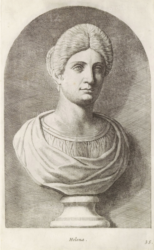 Bust of Helena, Helena, print, album page, Series number, 35, 98, Classical sculpture of a woman, turned to the right., with a series of prints after the sculptures in the collection of Gerard Reynst., number: '57', printmaker: Hubert Quellinus, Antwerp, printmaker: Gerard de Lairesse, 1646 - 1670, paper, engraving, gravure, height 325 mm x width 194 mm, piece of sculpture, reproduction of a piece of sculpture, female persons from classical history, A monochrome engraved bust of a woman displayed on a classical pedestal, showing her from the shoulders upward with a calm, forward-facing expression and hair styled away from the face and pulled back; she wears a draped garment with visible folds and a rounded neckline, and the background features a hatched oval area contrasting with the lighter outer margins.