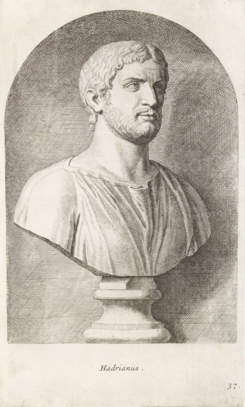 Octavia, Bust of Emperor Hadrian, print, album page, Series number, 37, 98, Classical bust of a bearded man in a shirt., with a series of prints after the sculptures in the collection of Gerard Reynst., number: '58', printmaker: Hubert Quellinus, Antwerp, printmaker: Gerard de Lairesse, 1646 - 1670, paper, engraving, gravure, height 325 mm x width 193 mm, Person, Hadrian (Emperor of the Roman Empire), piece of sculpture, reproduction of a piece of sculpture, male persons from classical history, A detailed engraved bust of a man shown from the shoulders up on a pedestal, facing slightly to viewer's right, with short wavy hair and a trimmed beard, wearing a draped garment with visible folds, set against an oval shaded background; the pedestal beneath the bust has a rounded base and stepped molding, and the overall image is rendered in fine crosshatched lines.