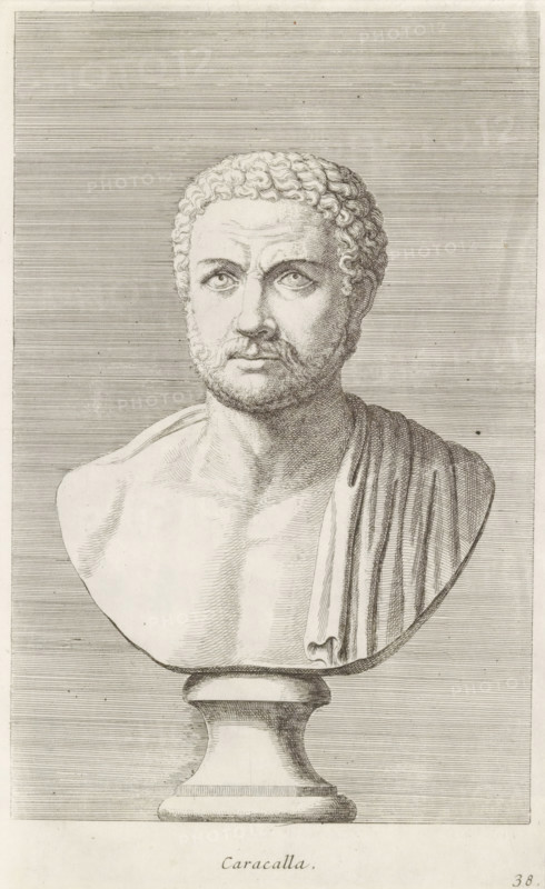 Caracalla, Bust of Emperor Caracalla, print, album page, Series number, 38, 98, Classical bust of a bearded man with a partially bare torso., with a series of prints after the sculptures in the collection of Gerard Reynst., number: '58', printmaker: Hubert Quellinus, Antwerp, printmaker: Gerard de Lairesse, 1646 - 1670, paper, engraving, gravure, height 325 mm x width 204 mm, Person, piece of sculpture, reproduction of a piece of sculpture, male persons from classical history, A detailed engraved bust of a man shown from the chest upward rests on a rounded pedestal, depicting a face with short curly hair, a trimmed beard, and pronounced facial features with forward-looking eyes and a neutral mouth; one shoulder is bare while a draped garment covers the other, and fine parallel lines create shading across the background and on the figure.