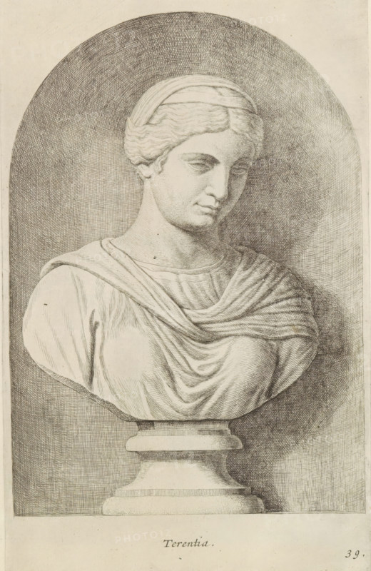 Terentia, Bust of Terentia, print, album page, Series number, 39, 98, Classical bust of a woman with a diadem in her hair., with a series of prints after the sculptures in the collection of Gerard Reynst., number: '59', printmaker: Hubert Quellinus, Antwerp, printmaker: Gerard de Lairesse, 1646 - 1670, paper, engraving, gravure, height 325 mm x width 193 mm, piece of sculpture, reproduction of a piece of sculpture, female persons from classical history, A detailed pencil or ink drawing of a classical bust set in a recessed arched niche, showing the head and shoulders of a serene female figure with stylized wavy hair pulled back by a band, softly downcast eyes, and a composed expression; the figure wears draped garments with layered folds across the chest and shoulders, and the bust rests on a stepped pedestal.