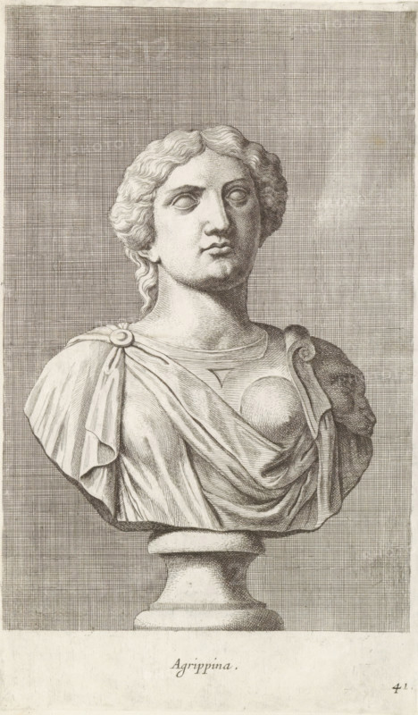 Agrippina, Bust of Agrippina the Younger, print, album page, Series number, 41, 98, Classical bust of a woman with breastplate and a lion on her left shoulder., with a series of prints after the sculptures in the collection of Gerard Reynst., number: '60', printmaker: Hubert Quellinus, Antwerp, printmaker: Gerard de Lairesse, 1646 - 1670, paper, engraving, gravure, height 325 mm x width 195 mm, Person, Agrippina minor, piece of sculpture, reproduction of a piece of sculpture, female persons from classical history, A grayscale engraving of a classical bust depicting a person with wavy hair pulled back and a calm, neutral facial expression, shown from the chest up on a pedestal; the figure wears draped clothing fastened at one shoulder with a circular clasp and a rounded decorative element on the chest, with detailed folds in the fabric and subtle shading lines across the face and body, set against a densely crosshatched rectangular background that fills most of the image.