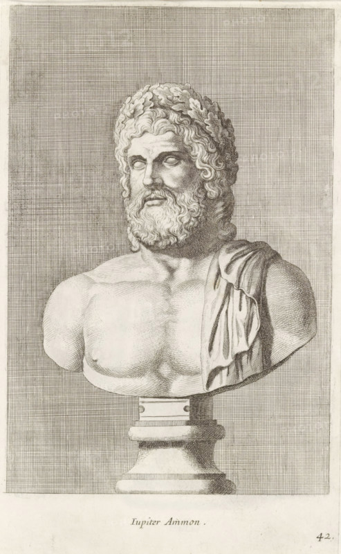 Jupiter Ammon, Bust of Jupiter, print, album page, Series number, 42, 98, Classical bust of a bearded man. He has a wreath of oak leaves around his head., with a series of prints after the sculptures in the collection of Gerard Reynst., inscription: 'Vide lib. No. 10 fol. 94 et lib. No. 4. fol. 104', number: '60', printmaker: Hubert Quellinus, Antwerp, printmaker: Gerard de Lairesse, 1646 - 1670, paper, engraving, gravure, height 325 mm x width 201 mm, piece of sculpture, reproduction of a piece of sculpture, (story of) Jupiter (Zeus), A detailed pencil or ink drawing of a sculpted male bust on a pedestal, showing the head and upper torso with a thick curly beard and wavy hair adorned with a leafy wreath; the eyes are blank and the facial features are strong and solemn; a draped cloth falls over one shoulder and across the chest, leaving the other shoulder bare; the pedestal beneath the bust is rendered with rounded and rectangular elements; the background is filled with tight crosshat...