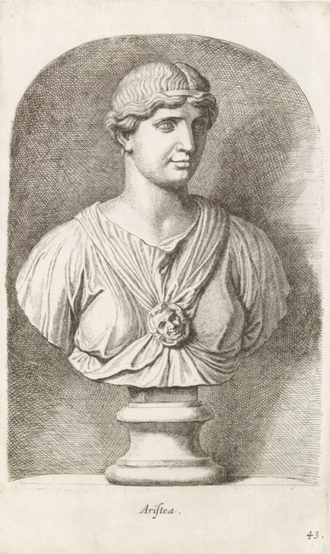 Aristea, Bust of Aristea, print, album page, Series number, 43, 98, Classical bust of Aristea with diadem in the hair., with a series of prints after the sculptures in the collection of Gerard Reynst., number: '61', print maker: Hubert Quellinus, Antwerp, printmaker: Gerard de Lairesse, 1646 - 1670, paper, engraving, gravure, height 325 mm x width 195 mm, piece of sculpture, reproduction of a piece of sculpture, the great goddesses of Heaven, and their train, A monochrome engraved bust of a woman shown from the chest up on a plinth, with stylized wavy hair held by a thin band and a calm facial expression, wearing a draped garment gathered at the center by a circular brooch that bears a sculpted face, all set against a densely crosshatched oval background that contrasts with the lighter paper surrounding the figure.