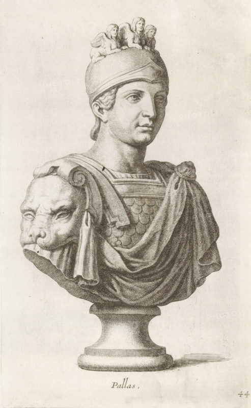 Bust of Minerva, Pallas, print, album page, Series number, 44, 98, Classical bust of Minerva with three sphinxes on her helmet and a lion's head on her shoulder., with a series of prints after the sculptures in the collection of Gerard Reynst., inscription: 'Vide lib. No. 4 de folio 2 ...', number: '61', printmaker: Hubert Quellinus, Antwerp, printmaker: Gerard de Lairesse, 1646 - 1670, Hubert Quellinus, Gerard de Lairesse, printmaker, paper, engraving, height 325 mm x width 195 mm, piece of sculpture, reproduction of a piece of sculpture, (story of) Minerva (Pallas, Athena), A detailed pencil or ink drawing of a classical bust on a pedestal depicting a helmeted figure with short hair and a calm facial expression, wearing ornate armor with scale-like plates and a draped cloak pinned at one shoulder, the helmet topped by three small winged cherub-like figures, and the armor featuring a lion-head ornament on one side with a draped cloth hanging from it, all rendered with fine hatching an...