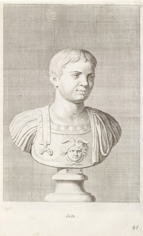 Geta, Bust of Emperor Geta, print, album page, Series number, 45, 98, Classical bust of a man in breastplate with the head of Medusa., with a series of prints after the sculptures in the collection of Gerard Reynst., number: '62', printmaker: Hubert Quellinus, Antwerp, printmaker: Gerard de Lairesse, 1646 - 1670, paper, engraving, gravure, height 325 mm x width 197 mm, Person, piece of sculpture, reproduction of a piece of sculpture, A detailed pencil-like engraving shows a classical bust of a young male figure set on a pedestal against a finely crosshatched background. The figure has short, wavy hair and a smooth, youthful face with neutral expression, looking slightly to the viewer's right. He wears a sculpted cuirass with layered shoulder decorations and a draped cloth over one shoulder; the chest of the armor features a carved face with flowing hair. The pedestal beneath the bust is simple and rounded, and the entire image is framed by a narrow border.