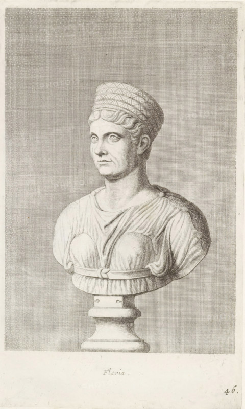 Bust of Flavia, Flavia, print, album page, Series number, 46, 98, Classical bust of an older woman in a tunic., with a series of prints after the sculptures in the collection of Gerard Reynst., number: '62', printmaker: Hubert Quellinus, Antwerp, printmaker: Gerard de Lairesse, 1646 - 1670, paper, engraving, gravure, height 325 mm x width 198 mm, piece of sculpture, reproduction of a piece of sculpture, female persons from classical history, A monochrome engraved bust of a woman shown from the chest upward on a pedestal, rendered with fine crosshatching; she wears a patterned cap covering her hair, a draped garment pinned at the shoulders with rounded fastenings, and a belt beneath the bust; her face is turned slightly to the side with defined eyes, nose, and lips, and the pedestal beneath her has a flared base and a stepped neck; the background is filled with dense crosshatched shading.