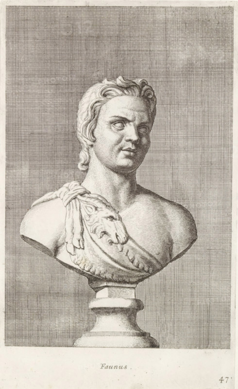 Faunus, Bust of Pan, print, album page, Series number, 47, 98, Classical bust of the god Pan. Over his shoulder lies the skin of a goat., with a series of prints after the sculptures in the collection of Gerard Reynst., inscription: 'Vide lib. No. 10 fol. 53', number: '63', printmaker: Hubert Quellinus, Antwerp, printmaker: Gerard de Lairesse, 1646 - 1670, paper, engraving, gravure, height 325 mm x width 196 mm, piece of sculpture, reproduction of a piece of sculpture, (story of) Pan, A detailed monochrome engraving of a classical bust on a pedestal, showing a youthful male figure with wavy hair pushed back from the forehead and a smooth, idealized face turned slightly to one side, the eyes looking outward; the shoulders and upper chest are exposed and draped with a richly textured cloth that includes a sculpted animal head motif, and the bust rests on a rounded, carved column base; the background is filled with a dense crosshatched pattern creating tonal variation across the rectangul...