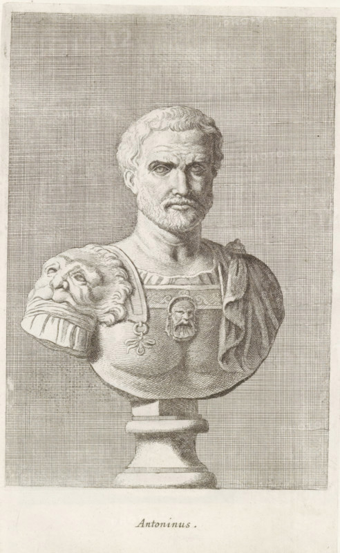 Bust of Antoninus, Antoninus, print, album page, Series number, 48, 98, Classical bust of a man in breastplate. He has a lion's head on his right shoulder., with a series of prints after the sculptures in the collection of Gerard Reynst., number: '63', inscription: 'Vide lib. No 4. fol. 98. lib. No. 10 fol. 52 ...', printmaker: Hubert Quellinus, Antwerp, printmaker: Gerard de Lairesse, 1646 - 1670, Hubert Quellinus, Gerard de Lairesse, printmaker, paper, engraving, gravure, height 325 mm x width 194 mm, Person, Antoninus Pius (Emperor of the Roman Empire), piece of sculpture, reproduction of a piece of sculpture, A detailed engraved bust of a bearded man displayed on a pedestal, shown from the chest up, with short wavy hair and a solemn facial expression, wearing a decorated cuirass featuring a lion's head draped over one shoulder and an ornamental medallion at the center, with a cloak gathered over the opposite shoulder; the background consists of a fine crosshatched pattern filling t...