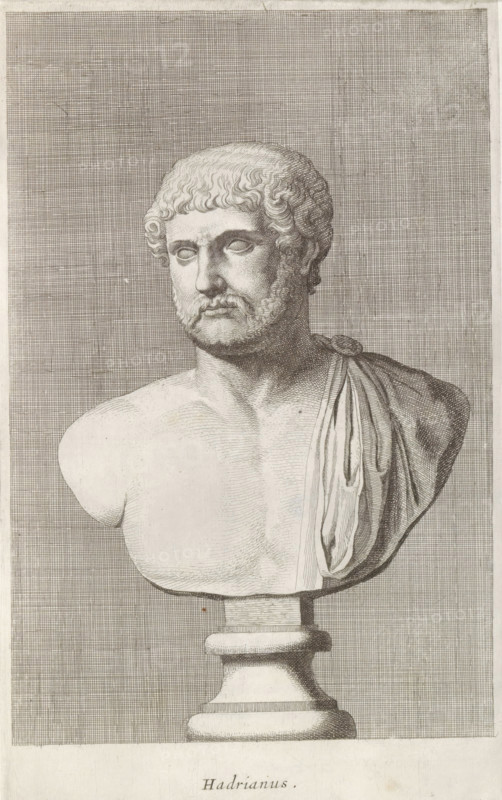 Bust of Emperor Hadrian, Hadrian, print, album page, Series number, 49, 98, Classical bust of a bearded man with a half-naked torso., with a series of prints after the sculptures in the collection of Gerard Reynst., number: '64', inscription: 'Vide lib. No. 19. fol. 15', printmaker: Hubert Quellinus, Antwerp, printmaker: Gerard de Lairesse, 1646 - 1670, paper, engraving, gravure, height 325 mm x width 192 mm, Person, piece of sculpture, reproduction of a piece of sculpture, A detailed monochrome engraving of a classical marble bust on a pedestal showing a bearded man with wavy hair and a solemn expression, depicted from the chest up with one shoulder draped in cloth; the bust is centered against a densely hatched rectangular background and rests on a turned base, with visible shading lines and fine crosshatching throughout the figure and backdrop.