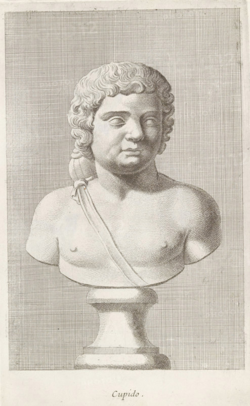 Bust of Amor, Cupid, print, album page, Series number, 50, 98, Classical bust of a boy with a tube on his back., with a series of prints after the sculptures in the collection of Gerard Reynst., number: '64', inscription: 'Vide lib. No. 4 de fol. 22 ...', printmaker: Hubert Quellinus, Antwerp, printmaker: Gerard de Lairesse, 1646 - 1670, paper, engraving, gravure, height 325 mm x width 195 mm, piece of sculpture, reproduction of a piece of sculpture, (story of) Cupid, Amor (Eros), A detailed pencil or ink drawing of a classical bust on a pedestal, showing a youthful face with curly hair, closed or blank eyes, and a neutral expression; the bust includes shoulders and a draped strap across the torso, rendered with fine crosshatching; the pedestal beneath the bust is rounded and shaded; the background consists of a grid-like pattern of fine lines filling the rectangular frame.