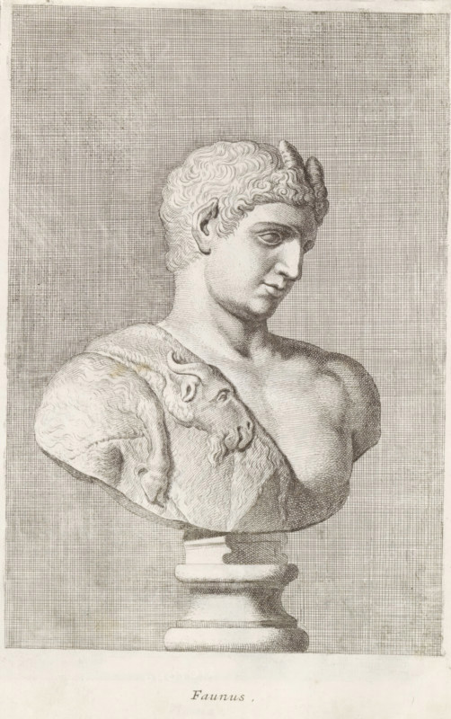 Faunus, Bust of Pan, print, album page, Series number, 51, 98, Classical bust of Pan with a goat skin over his shoulder and two horns on his head., with a series of prints after the sculptures in the collection of Gerard Reynst., inscription: 'Vide lib. No. 10 fol. 53', number: '65', printmaker: Hubert Quellinus, Antwerp, printmaker: Gerard de Lairesse, 1646 - 1670, paper, engraving, gravure, height 325 mm x width 196 mm, piece of sculpture, reproduction of a piece of sculpture, (story of) Pan, A finely detailed monochrome engraving of a classical bust on a pedestal, showing a youthful male figure with short curly hair and a calm facial expression, the head turned slightly to one side; the torso is bare and rendered with subtle shading and crosshatching, and a draped animal skin with a stylized head rests over one shoulder; the bust stands on a rounded, tiered plinth, and the background is filled with a uniform grid-like pattern.