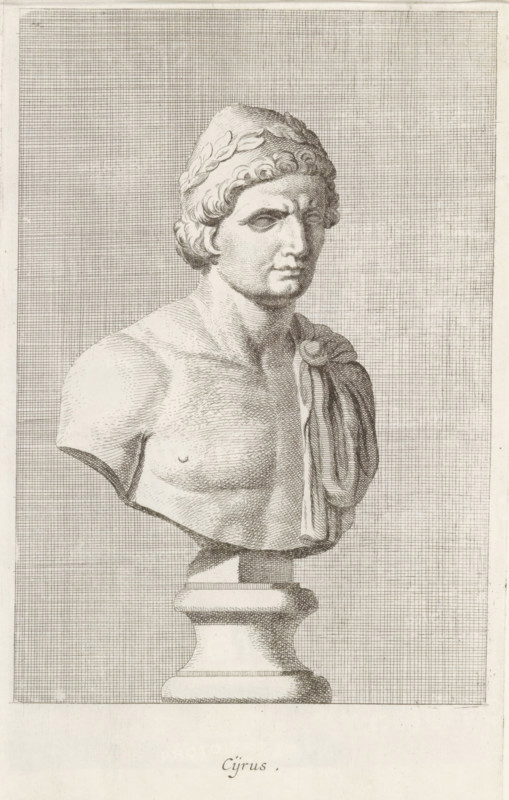 Bust of Cyrus, Cijrus, print, album page, Series number, 52, 98, Classical bust of a man with a Phrygian cap on his head., with a series of prints after the sculptures in the collection of Gerard Reynst., number: '65', printmaker: Hubert Quellinus, Antwerp, printmaker: Gerard de Lairesse, 1646 - 1670, paper, engraving, gravure, height 325 mm x width 195 mm, piece of sculpture, reproduction of a piece of sculpture, male persons from classical history, A monochrome engraving of a classical-style bust on a pedestal showing a male figure from the chest up facing slightly to the right, with short curly hair topped by a laurel wreath and a calm facial expression, a draped cloth over one shoulder fastened near the collarbone, finely hatched shading defining the musculature and contours, set against a densely crosshatched rectangular background panel and mounted on a turned pedestal base within a bordered sheet.