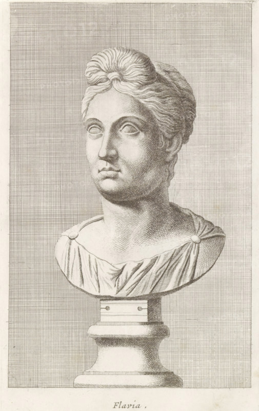 Flavia, Bust of Flavia, print, album page, Series number, 53, 98, Classical bust of Flavia. She has part of the hair on her forehead tied together., with a series of prints after the sculptures in the collection of Gerard Reynst., number: '66', printmaker: Hubert Quellinus, Antwerp, printmaker: Gerard de Lairesse, 1646 - 1670, paper, engraving, gravure, height 325 mm x width 194 mm, piece of sculpture, reproduction of a piece of sculpture, female persons from classical history, A detailed monochrome drawing of a classical sculpted female bust on a pedestal, showing a head and shoulders with hair styled into a central knot and waves, smooth facial features with blank eyes, a straight nose, and closed lips, the neck and upper chest draped in a folded garment fastened at the shoulders with round clasps, all rendered with finely hatched shading and set against a densely crosshatched rectangular background.