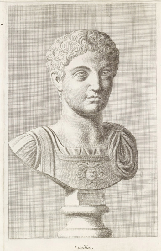 Lucilla, Bust of Lucilla, print, album page, Series number, 54, 98, Classical bust of a young man., with a series of prints after the sculptures in the collection of Gerard Reynst., number: '66', printmaker: Hubert Quellinus, Antwerp, printmaker: Gerard de Lairesse, 1646 - 1670, paper, engraving, height 325 mm x width 195 mm, piece of sculpture, reproduction of a piece of sculpture, male persons from classical history, A finely detailed engraved bust of a young person with short curly hair and a calm facial expression, shown from the shoulders up on a pedestal. The figure wears a draped garment with a rounded shoulder piece and a decorative breastplate featuring a sculpted face motif. The engraving uses fine crosshatching and stippling to render shadows on the face, neck, and clothing, with a densely hatched rectangular background behind the bust. The pedestal beneath the bust is depicted with layered cylindrical forms and hatched shading.