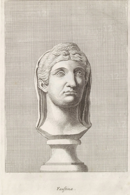 Faustina, Bust of Faustina, print, album page, Series number, 55, 98, Classical bust of a woman. She wears her hair in a braid on her head and has a veil., with a series of prints after the sculptures in the collection of Gerard Reynst., number: '67', printmaker: Hubert Quellinus, Antwerp, printmaker: Gerard de Lairesse, 1646 - 1670, paper, engraving, gravure, height 325 mm x width 199 mm, Person, Faustina the Younger, Faustina the Elder, piece of sculpture, reproduction of a piece of sculpture, female persons from classical history, A monochrome engraved bust of a woman shown from the shoulders up, mounted on a simple pedestal; she has wavy, parted hair pulled back and a calm, forward gaze with softly rendered facial features and a slightly upturned chin; the surface shading is created with fine crosshatching lines and the background is filled with a dense grid of horizontal and vertical lines.