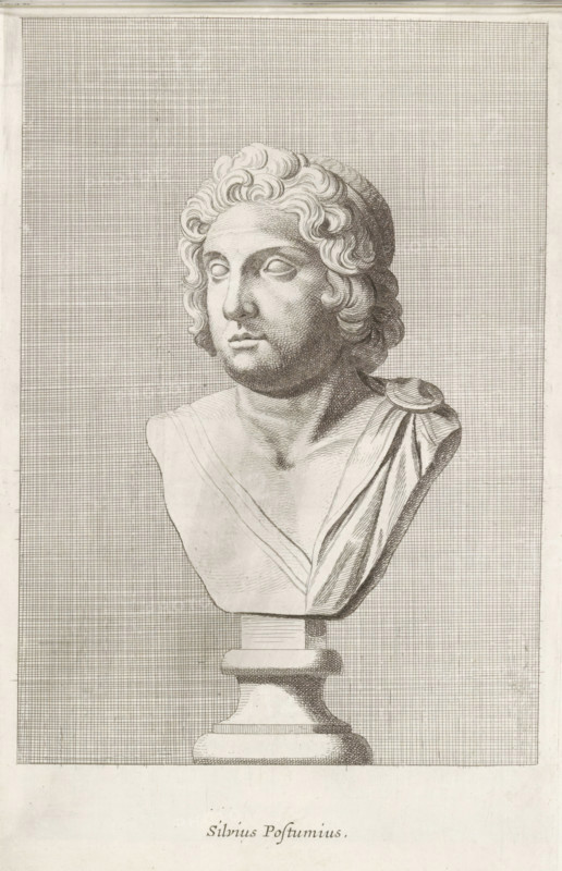 Bust of Silvius Postumius, Silvius Postumius, print, album page, Series number, 56, 98, Classical bust of a boy with medium-length curly hair., with a series of prints after the sculptures in the collection of Gerard Reynst., number: '67', printmaker: Hubert Quellinus, Antwerp, printmaker: Gerard de Lairesse, 1646 - 1670, paper, engraving, height 325 mm x width 200 mm, piece of sculpture, reproduction of a piece of sculpture, male persons from classical history, A detailed sepia-toned engraving of a classical bust on a pedestal, showing a head and upper torso with curly hair, blank eyes, and a calm facial expression, draped cloth over one shoulder, set against a finely crosshatched rectangular background that fills most of the image.
