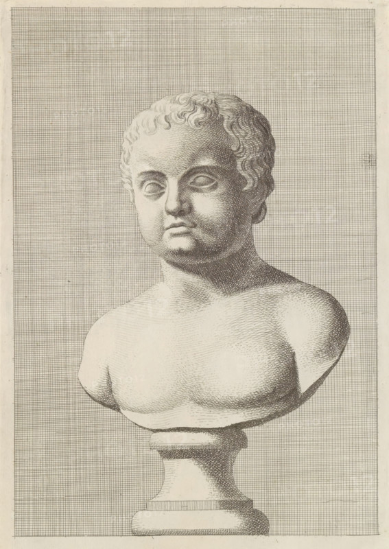 Bust of a boy, print, album page, Series number, 57, 98, Classical bust of a boy with a bare torso, turned to the left., with a series of prints after the sculptures in the collection of Gerard Reynst., number: '68', printmaker: Hubert Quellinus, Antwerp, printmaker: Gerard de Lairesse, 1646 - 1670, paper, engraving, gravure, height 325 mm x width 199 mm, piece of sculpture, reproduction of a piece of sculpture, A monochrome engraving of a bust on a pedestal, showing a head and upper torso with short curly hair and a neutral facial expression, rendered with fine stippling and hatching; the figure is centered against a dense grid background that fills the entire rectangular field, and the pedestal beneath the torso tapers and rests on a squared base.