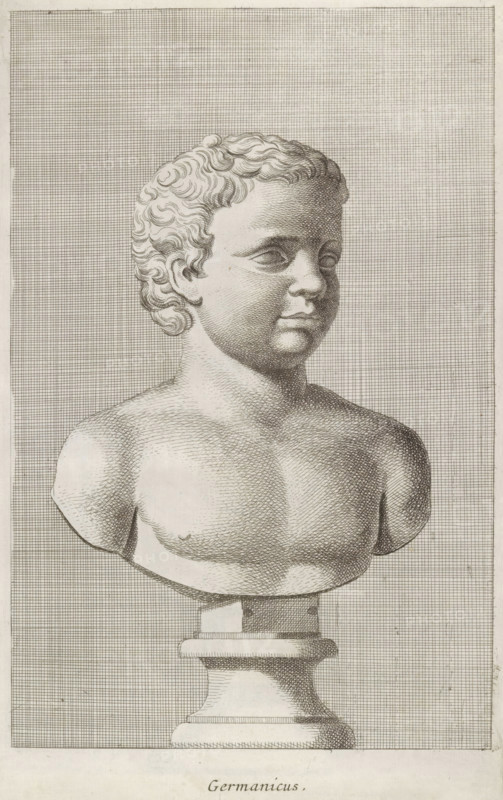 Germanicus, Bust of Germanicus, print, album page, Series number, 58, 98, Classical bust of a boy with a bare torso, turned to the right., with a series of prints after the sculptures in the collection of Gerard Reynst., number: '68', printmaker: Hubert Quellinus, Antwerp, printmaker: Gerard de Lairesse, 1646 - 1670, paper, engraving, gravure, height 325 mm x width 198 mm, piece of sculpture, reproduction of a piece of sculpture, male persons from classical history, A detailed engraving of a classical bust depicting a young person with short, curly hair and a serene expression, shown from the shoulders upward on a fluted pedestal; the figure has soft facial features, closed lips, and a smooth, rounded chest, and the entire composition is set against a tightly crosshatched, grid-like background.