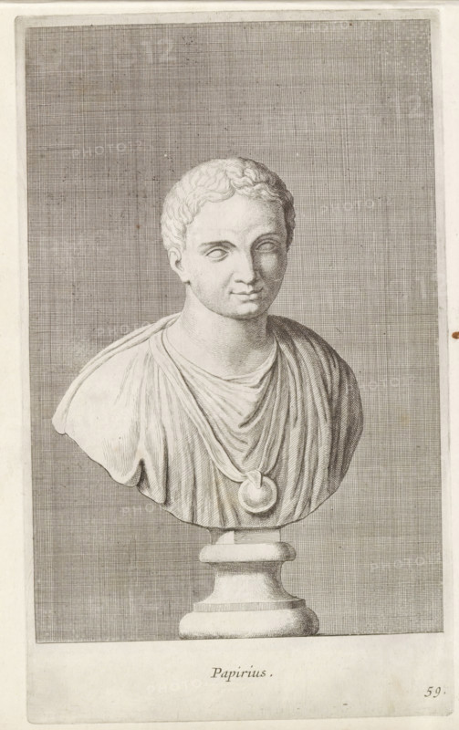 Bust of Papirius, Papirius, print, album page, Series number, 59, 98, Classical bust of a man with a medallion around his neck., with a series of prints after the sculptures in the collection of Gerard Reynst., number: '69', printmaker: Hubert Quellinus, Antwerp, printmaker: Gerard de Lairesse, 1646 - 1670, paper, engraving, gravure, height 329 mm x width 198 mm, piece of sculpture, reproduction of a piece of sculpture, male persons from classical history, A detailed pencil or engraving depiction of a classical bust on a pedestal, showing the head and upper torso of a young person with short wavy hair, softly modeled facial features, and eyes with blank or lightly shaded pupils, wearing draped clothing gathered at the chest with a circular pendant or clasp; the bust rests on a rounded plinth and is set against a finely crosshatched rectangular background panel within a larger plain border.