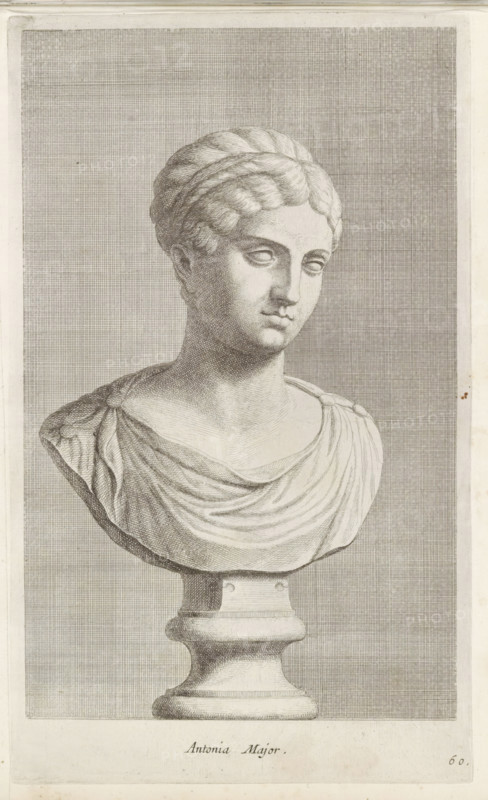 Bust of Antonia the Elder, Antonia Major, print, album page, Series number, 60, 98, Classical bust of a woman in a tunic and with updo hair., with a series of prints after the sculptures in the collection of Gerard Reynst., number: '69', printmaker: Hubert Quellinus, Antwerp, printmaker: Gerard de Lairesse, 1646 - 1670, paper, engraving, height 327 mm x width 199 mm, Person, piece of sculpture, reproduction of a piece of sculpture, female persons from classical history, A monochrome engraved image of a classical marble bust on a pedestal showing a female figure from the shoulders up with stylized wavy hair pulled back and braided, a serene face with downcast eyes and a straight nose, and draped clothing fastened at the shoulders with round clasps; the bust sits on a carved plinth set against a textured grid-like background within a bordered frame.