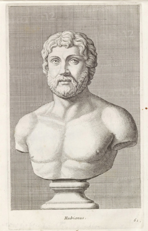Hadrian, Bust of Emperor Hadrian, print, album page, Series number, 61, 98, Classical bust of a bearded man with a bare torso., with a series of prints after the sculptures in the collection of Gerard Reynst., number: '70', inscription: 'Vide lib. .No. 19 fol. 15', printmaker: Hubert Quellinus, Antwerp, printmaker: Gerard de Lairesse, 1646 - 1670, paper, engraving, gravure, height 327 mm x width 197 mm, Person, piece of sculpture, reproduction of a piece of sculpture, male persons from classical history, A detailed engraved bust of a bearded man mounted on a pedestal, shown from the chest upward and set against a densely crosshatched rectangular background, with wavy hair, deep-set eyes, a full curly beard, a defined nose and lips, muscular shoulders and chest with smooth shading, the sculpture appearing stone-like with visible engraving lines and a narrow plain border around the image.