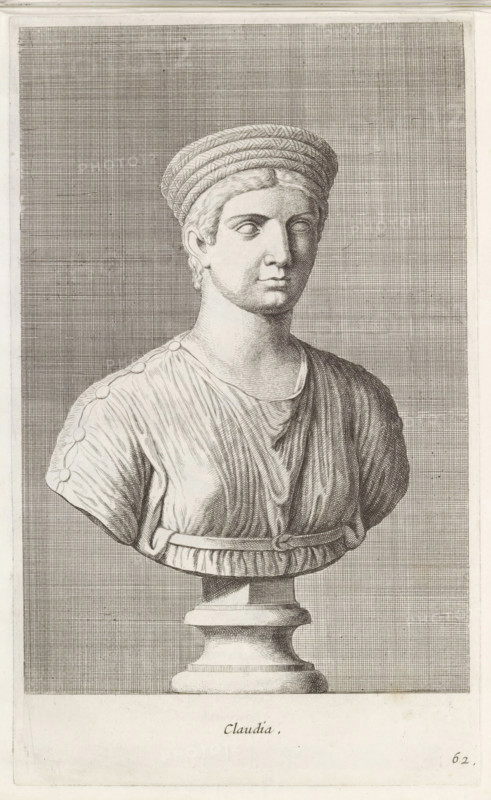 Claudia, Bust of Claudia, print, album page, Series number, 62, 98, Classical bust of a woman in a tunic, with a belt around her waist, turned to the right., with a series of prints after the sculptures in the collection of Gerard Reynst., number: '70', printmaker: Hubert Quellinus, Antwerp, printmaker: Gerard de Lairesse, 1646 - 1670, paper, engraving, gravure, height 325 mm x width 198 mm, piece of sculpture, reproduction of a piece of sculpture, female persons from classical history, A finely detailed engraved bust of a person shown from the chest upward, wearing a coiled, banded headpiece and a draped garment fastened on one shoulder with round clips, the face rendered with smooth contours and solemn expression, the figure mounted on a classical pedestal, all set against a closely hatched rectangular background within a bordered frame.
