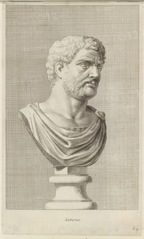 Severus, Bust of Severus, print, album page, Series number, 64, 98, Classical bust of a bearded man, turned to the right, with a series of prints after the sculptures in the collection of Gerard Reynst., number: '71', inscription: 'Vide lib. No. 19. fol. 21 et 24', printmaker: Hubert Quellinus, Antwerp, printmaker: Gerard de Lairesse, 1646 - 1670, paper, engraving, height 328 mm x width 194 mm, piece of sculpture, reproduction of a piece of sculpture, male persons from classical history, A detailed engraved bust of a man with short curly hair and a trimmed beard, shown from the shoulders upward and turned slightly to the viewer's right, wearing draped cloth across the chest that is fastened at one shoulder, mounted on a pedestal; the background consists of a fine grid of horizontal and vertical lines.