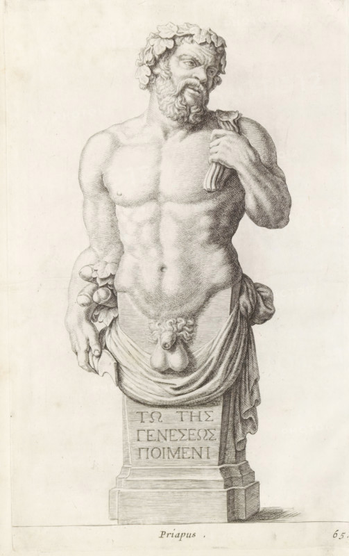 Herme of Priapus, seen from the front, Priapus, print, album page, Series number, 65, 98, with a series of prints after the sculptures in the collection of Gerard Reynst., number: '72', printmaker: Hubert Quellinus, Antwerp, printmaker: Gerard de Lairesse, 1646 - 1670, paper, engraving, height 327 mm x width 200 mm, piece of sculpture, reproduction of a piece of sculpture, Priapus-herm, A detailed engraving of a male bust on a pedestal shows a bearded man with a wreath of leaves on his head, his torso exposed and muscular, one hand resting on his shoulder holding a draped cloth and the other hanging at his side holding a cluster of fruit and leaves; a cloth is wrapped around his hips and a small carved face or decorative element is positioned at the front of the cloth, while the pedestal beneath him features a series of horizontal blocks and an inscribed panel.