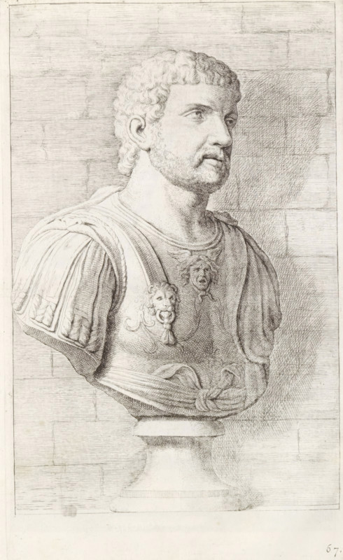 Bust of a man in armor, facing right, print, album page, Series number, 67, 98, with a series of prints after the sculptures in the collection of Gerard Reynst., number: '73', printmaker: Hubert Quellinus, Antwerp, printmaker: Gerard de Lairesse, 1646 - 1670, paper, engraving, gravure, height 325 mm x width 194 mm, piece of sculpture, reproduction of a piece of sculpture, male persons from classical history, A detailed pencil or ink drawing of a classical bust mounted on a pedestal, showing a bearded man with short curly hair turned slightly to the right, wearing a draped military-style garment with decorative shoulder pieces and ornamental lion-head motifs on the chest, the surface rendered with fine crosshatching and contour lines, set against a stone-block wall background with visible horizontal and vertical joint lines and subtle shadowing.