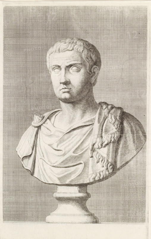 Bust of a young man in a toga, facing left, print, album page, Series number, 68, 98, with a series of prints after the sculptures in the collection of Gerard Reynst., number: '73', printmaker: Hubert Quellinus, Antwerp, printmaker: Gerard de Lairesse, 1646 - 1670, paper, engraving, gravure, height 325 mm x width 195 mm, piece of sculpture, reproduction of a piece of sculpture, male persons from classical history, A detailed monochrome engraving of a classical marble bust on a pedestal, showing a man's head and upper torso turned slightly to one side; the face has short wavy hair, prominent brow, hollowed eyes, straight nose, and closed lips, with subtle shading to indicate facial contours; the figure wears draped garments with folded cloth across the chest and a decorated, fringed cloak over one shoulder, fastened by a round brooch; the bust rests on a rounded columnar base and is set against a finely hatched rectangular background.