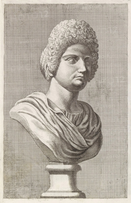 Bust of a woman with high hair, print, album page, Series number, 69, 98, with a series of prints after the sculptures in the collection of Gerard Reynst., number: '74', printmaker: Hubert Quellinus, Antwerp, printmaker: Gerard de Lairesse, 1646 - 1670, paper, engraving, gravure, height 327 mm x width 195 mm, piece of sculpture, reproduction of a piece of sculpture, female persons from classical history, A monochrome engraved image of a classical bust showing a head and upper torso on a pedestal, featuring tightly curled hair, a calm facial expression with closed or vacant eyes, and a draped garment across the shoulders and chest; the bust is rendered with fine crosshatching and shading against a background of dense grid-like lines, and the pedestal beneath the bust has a square stepped base and top.
