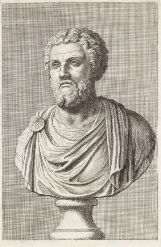 Bust of a bearded man in a toga, facing left, print, album page, Series number, 70, 98, with a series of prints after the sculptures in the collection of Gerard Reynst., number: '74', printmaker: Hubert Quellinus, Antwerp, printmaker: Gerard de Lairesse, 1646 - 1670, paper, engraving, gravure, height 324 mm x width 194 mm, piece of sculpture, reproduction of a piece of sculpture, male persons from classical history, A detailed black and white engraving of a classical marble bust showing a bearded man with curly hair, turned slightly to his left, wearing draped robes fastened at one shoulder with a circular brooch; the face has deeply carved eyes, a pronounced nose, and a full beard, while the drapery displays flowing folds and shaded texture; the bust rests on a rounded pedestal and is set against a finely crosshatched rectangular background filling the frame.