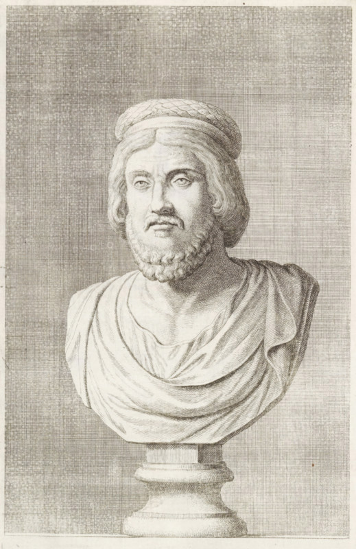 Bust of a man with a priestly crown, print, album page, Series number, 72, 98, with a series of prints after the sculptures in the collection of Gerard Reynst., number: '75', printmaker: Hubert Quellinus, Antwerp, printmaker: Gerard de Lairesse, 1646 - 1670, paper, engraving, gravure, height 327 mm x width 198 mm, piece of sculpture, reproduction of a piece of sculpture, male persons from classical history, A detailed pencil or ink drawing of a classical marble bust on a pedestal, showing a bearded man with wavy hair wearing a laurel-like headband and a draped toga; the face is rendered with careful shading around the eyes, nose, mouth, and beard, and the toga has flowing folds across the chest and shoulders; the pedestal beneath the bust is cylindrical with layered moldings, and the background consists of a textured crosshatched pattern filling the entire rectangular frame.