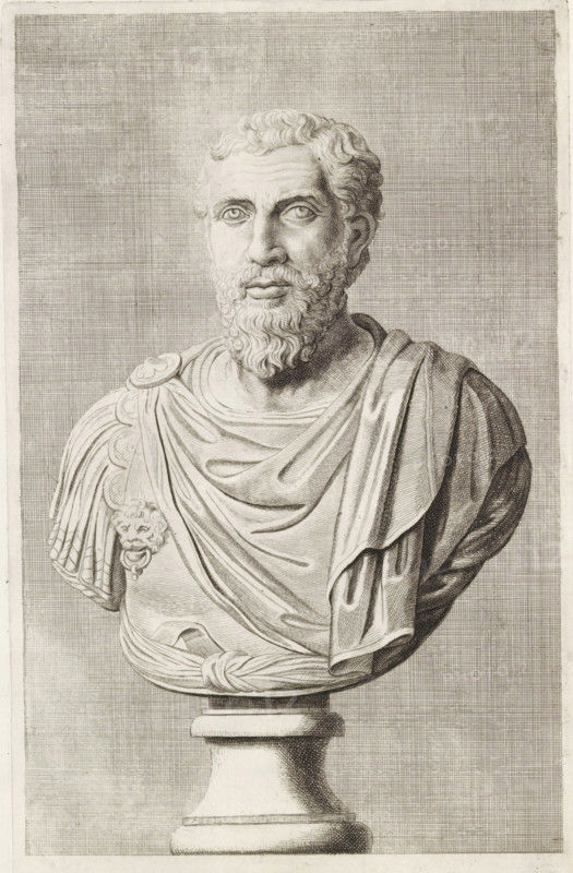 Bust of a bearded man in breastplate, from the front, print, album page, Series number, 74, 98, with a series of prints after the sculptures in the collection of Gerard Reynst., number: '76', printmaker: Hubert Quellinus, Antwerp, printmaker: Gerard de Lairesse, 1646 - 1670, paper, engraving, gravure, height 328 mm x width 198 mm, piece of sculpture, reproduction of a piece of sculpture, male persons from classical history, A detailed monochrome engraving of a classical male bust on a pedestal shows a bearded man with wavy hair and a solemn expression, his eyes looking slightly outward. He wears draped robes over a cuirass with ornamental elements, including a lion head-shaped decoration on one shoulder. The surface behind the figure is filled with a fine crosshatched pattern, and the pedestal beneath the bust is rendered with shading and subtle texture. The overall image emphasizes line work and intricate shading to define facial features, hair, folds of fabric, and sculptural form.