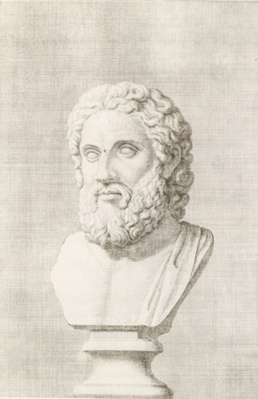 Bust of a bearded man, facing left, print, album page, Series number, 75, 98, with a series of prints after the sculptures in the collection of Gerard Reynst., number: '77', printmaker: Hubert Quellinus, Antwerp, printmaker: Gerard de Lairesse, 1646 - 1670, paper, engraving, gravure, height 328 mm x width 198 mm, piece of sculpture, reproduction of a piece of sculpture, male persons from classical history, A monochrome drawing of a classical marble bust showing a bearded male head and upper torso on a pedestal, with wavy hair, deep-set blank eyes, a full curly beard, and a draped garment over one shoulder, set against a textured, crosshatched background.