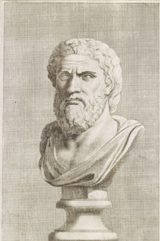 Bust of a bearded man, facing left, print, album page, Series number, 76, 98, with a series of prints after the sculptures in the collection of Gerard Reynst., number: '77', printmaker: Hubert Quellinus, Antwerp, printmaker: Gerard de Lairesse, 1646 - 1670, paper, engraving, gravure, height 328 mm x width 195 mm, piece of sculpture, reproduction of a piece of sculpture, male persons from classical history, A detailed pencil or ink drawing of a classical marble bust on a pedestal showing the head and upper torso of a bearded man with wavy hair, deeply set eyes without visible pupils, a furrowed brow, a straight nose, and a solemn closed mouth; draped cloth covers his shoulders and chest with folded fabric lines, and the bust rests on a rounded base and a tapered pedestal; the background is filled with a fine grid pattern covering the entire page.