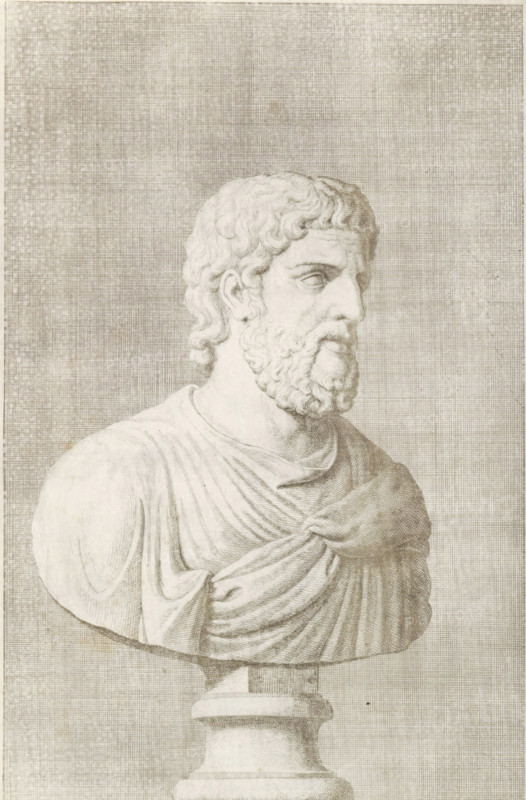 Bust of a bearded man, facing right, print, album page, Series number, 79, 98, with a series of prints after the sculptures in the collection of Gerard Reynst., number: '79', printmaker: Hubert Quellinus, Antwerp, printmaker: Gerard de Lairesse, 1646 - 1670, paper, engraving, gravure, height 328 mm x width 198 mm, piece of sculpture, reproduction of a piece of sculpture, male persons from classical history, A pencil or ink drawing of a classical bust showing a bearded man in three-quarter profile facing to the right, with wavy hair and a full beard, wearing draped clothing over his shoulders and chest, mounted on a rounded pedestal; the background is filled with a fine crosshatch texture covering the entire surface.