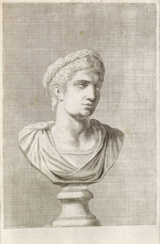 Bust of a young man with laurel wreath, facing right, print, album page, Series number, 81, 98, with a series of prints after the sculptures in the collection of Gerard Reynst., number: '81', printmaker: Hubert Quellinus, Antwerp, printmaker: Gerard de Lairesse, 1646 - 1670, paper, engraving, gravure, height 330 mm x width 198 mm, piece of sculpture, reproduction of a piece of sculpture, male persons from classical history, A grayscale drawing of a classical bust on a pedestal, showing a young person with short curly hair wearing a laurel wreath and draped clothing secured at one shoulder with a round clasp, the face turned slightly to one side with a neutral expression, the neck and upper chest detailed with shading, the pedestal beneath rendered with simple rounded forms, and the background filled with a dense grid pattern.