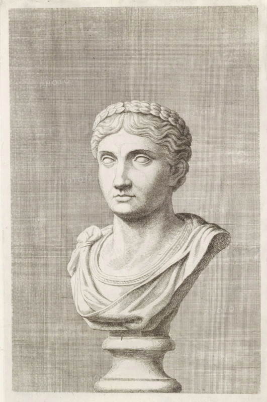 Bust of a young man with laurel wreath, facing left, print, album page, Series number, 82, 98, with a series of prints after the sculptures in the collection of Gerard Reynst., number: '82', printmaker: Hubert Quellinus, Antwerp, printmaker: Gerard de Lairesse, 1646 - 1670, paper, engraving, gravure, height 325 mm x width 194 mm, piece of sculpture, reproduction of a piece of sculpture, male persons from classical history, A monochrome engraved bust of a classical figure shown from the chest upward on a fluted pedestal, featuring a laurel wreath resting on short wavy hair, blank sculpted eyes, a straight nose, and closed lips, with draped clothing gathered at one shoulder and detailed shading lines creating contour and texture against a finely crosshatched rectangular background.