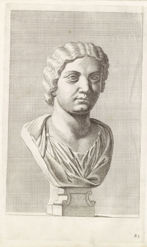 Bust of a woman with medium-length wavy hair, print, album page, Series number, 83, 98, with a series of prints after the sculptures in the collection of Gerard Reynst., number: '83', printmaker: Hubert Quellinus, Antwerp, printmaker: Gerard de Lairesse, 1646 - 1670, paper, engraving, gravure, height 325 mm x width 199 mm, piece of sculpture, reproduction of a piece of sculpture, female persons from classical history, A detailed monochrome engraving of a classical bust set against a finely crosshatched rectangular background, showing a head with wavy hair, large eyes, straight nose, and closed lips, mounted on a draped garment pinned at one shoulder and resting on an ornate pedestal with curved supports, all rendered with fine line shading and stippling on an off-white paper.