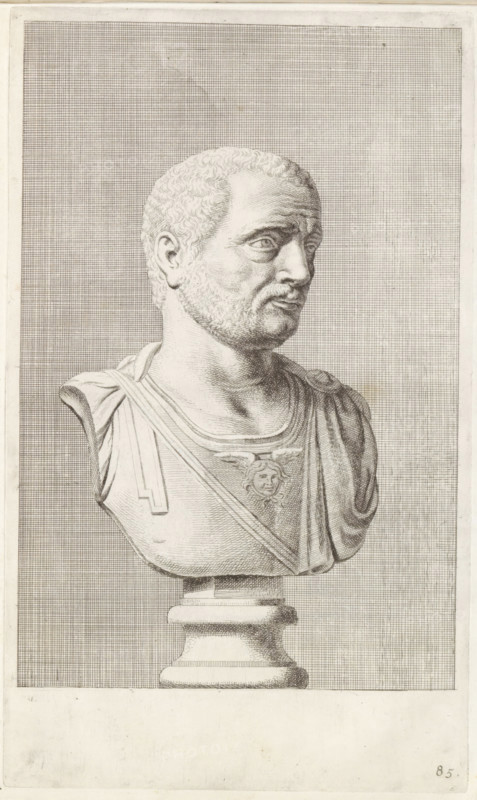 Bust of a man with breastplate, facing right, print, album page, Series number, 85, 98, with a series of prints after the sculptures in the collection of Gerard Reynst., number: '85', printmaker: Hubert Quellinus, Antwerp, printmaker: Gerard de Lairesse, 1646 - 1670, paper, engraving, gravure, height 326 mm x width 195 mm, piece of sculpture, reproduction of a piece of sculpture, male persons from classical history, A detailed monochrome engraving of a sculpted bust on a pedestal depicting a man with short curly hair and a close-cropped beard, shown in three-quarter profile facing right; he wears a draped garment with a decorative emblem at the chest and a folded cloak over one shoulder, and the stone surface shows fine engraved shading and crosshatch background lines that fill the rectangular frame.