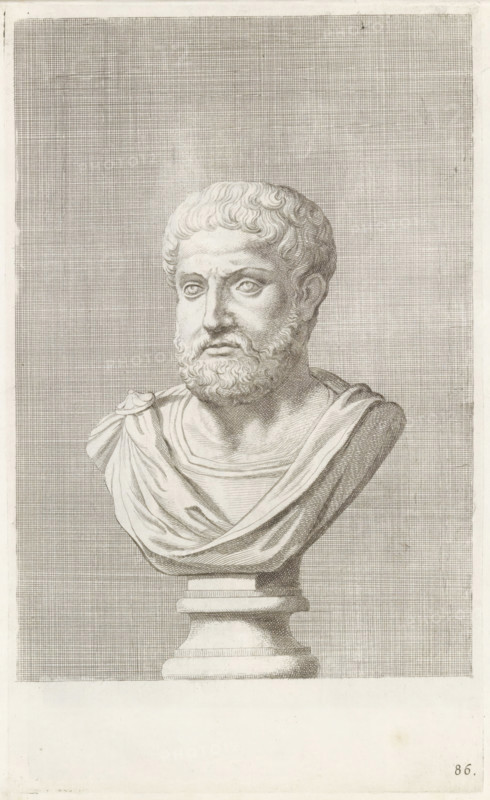 Bust of a bearded man, facing left, print, album page, Series number, 86, 98, with a series of prints after the sculptures in the collection of Gerard Reynst., number: '86', printmaker: Hubert Quellinus, Antwerp, printmaker: Gerard de Lairesse, 1646 - 1670, paper, engraving, gravure, height 325 mm x width 197 mm, piece of sculpture, reproduction of a piece of sculpture, male persons from classical history, A detailed monochrome engraving of a classical male bust on a pedestal, showing a bearded man with wavy hair and a solemn expression, draped garments across his shoulders and chest, rendered with fine line shading and crosshatching against a textured rectangular background; the pedestal beneath the bust is visible and the lower portion of the page is largely blank.