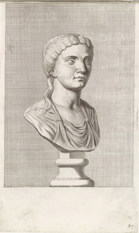 Bust of a woman with a ponytail, print, album page, Series number, 87, 98, with a series of prints after the sculptures in the collection of Gerard Reynst., number: '87', printmaker: Hubert Quellinus, Antwerp, printmaker: Gerard de Lairesse, 1646 - 1670, paper, engraving, gravure, height 325 mm x width 194 mm, piece of sculpture, reproduction of a piece of sculpture, female persons from classical history, A detailed engraved bust of a person shown from the shoulders up on a pedestal, rendered in fine parallel and cross-hatched lines, with wavy hair pulled back and a section falling over one shoulder, a draped garment with folded fabric across the chest, and a calm facial expression with closed or lightly shaded eyes, all set against a densely cross-hatched rectangular background panel and surrounded by a plain margin.